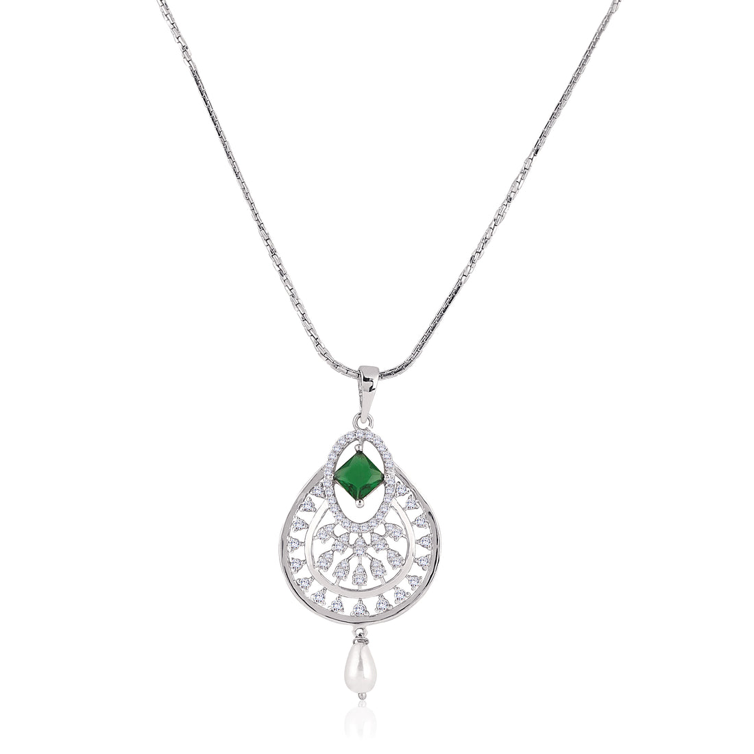 Front view of 925 silver green stone pendant necklace and pearl drop earrings with CZ detailing