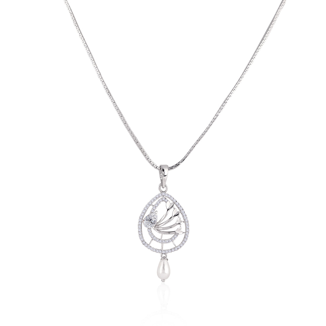 Front view of 925 sterling silver pearl drop necklace and earrings set with cubic zirconia detailing