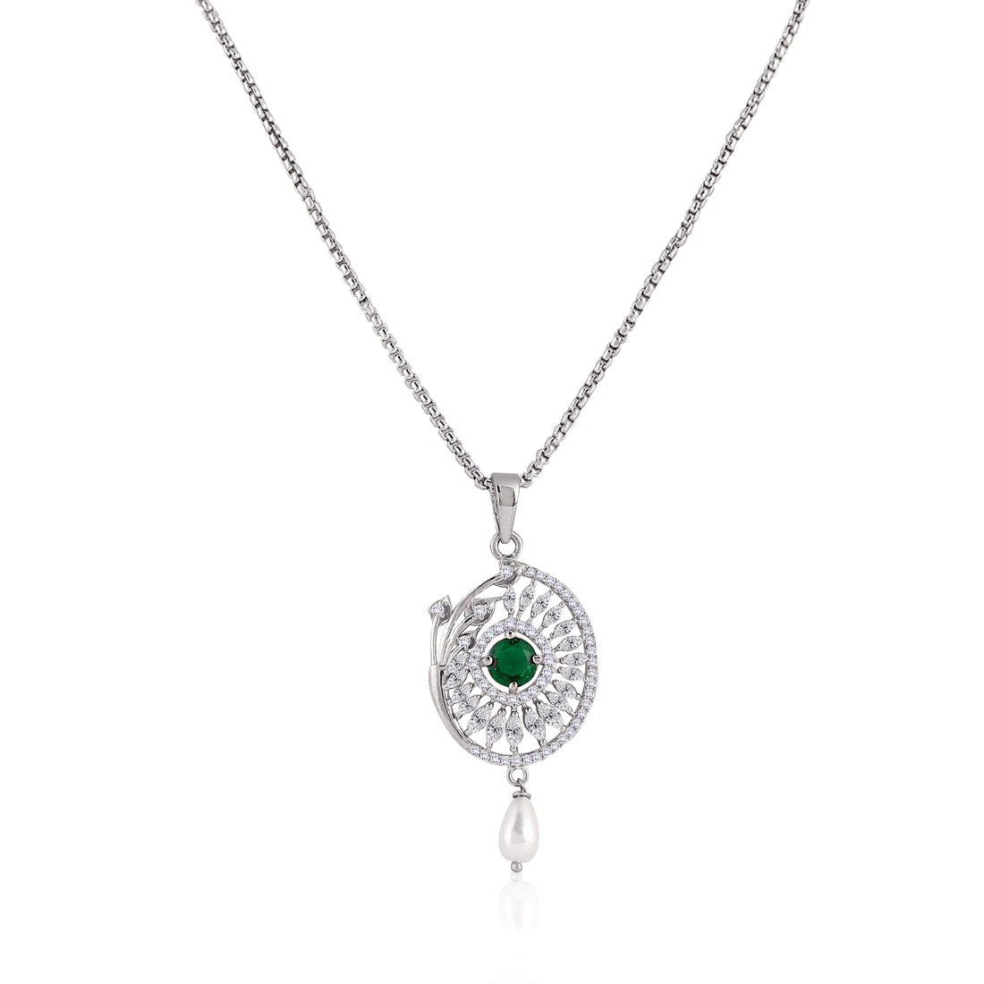 Front view of 925 silver green stone pendant necklace and matching pearl drop earrings with CZ halo