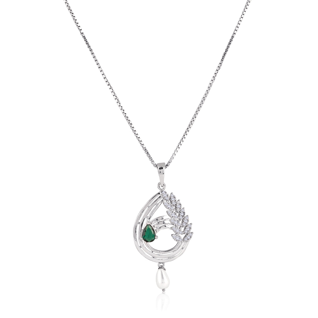 Front view of 925 silver emerald-tone pendant necklace with matching pearl drop earrings and CZ detailing