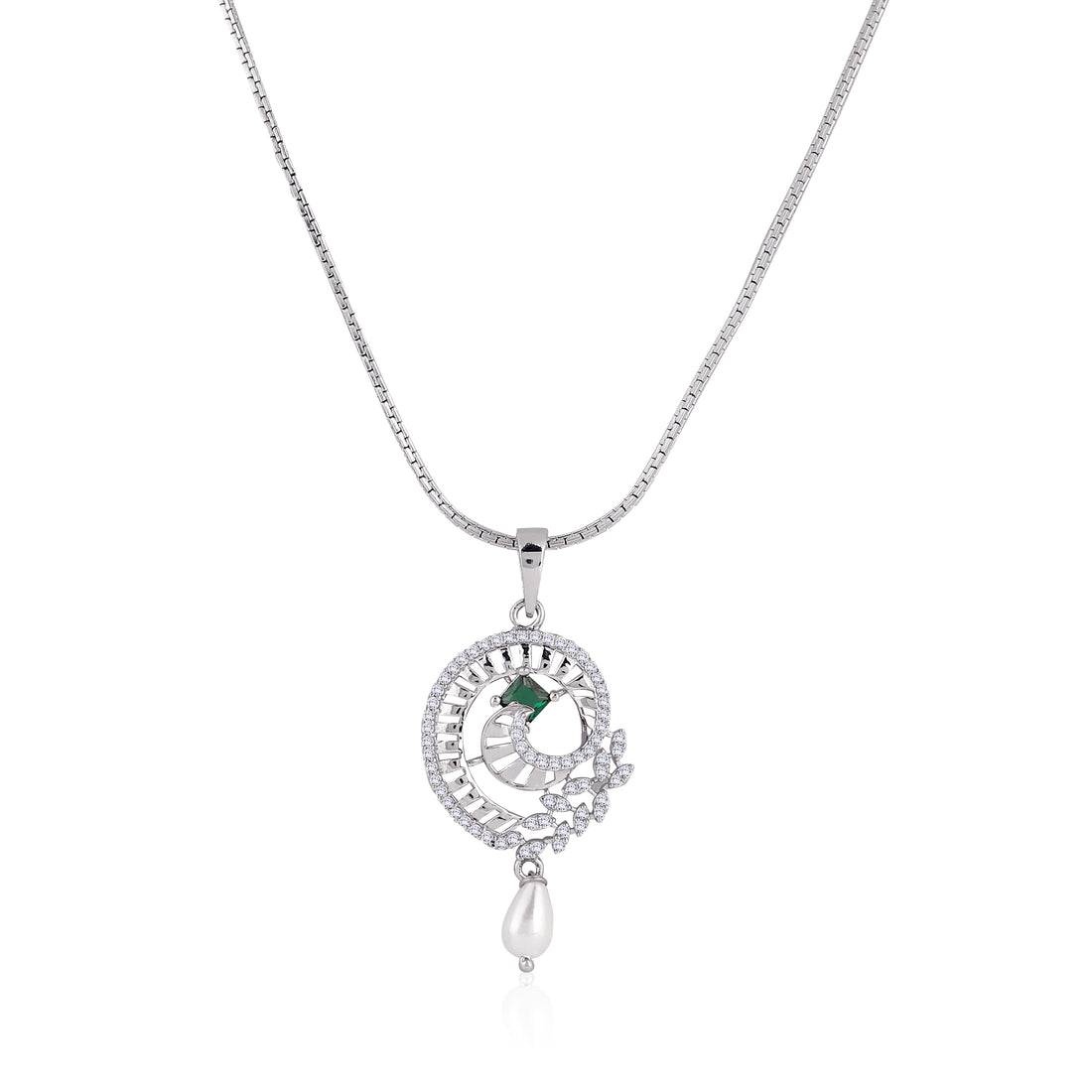 Front view of 925 sterling silver peacock pendant necklace with matching earrings and CZ detailing