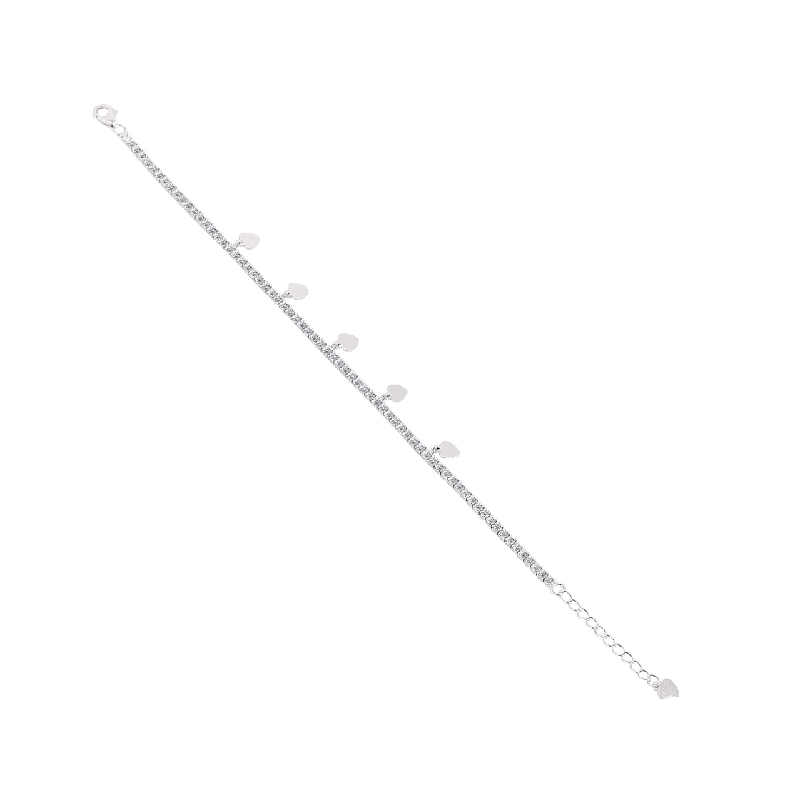 Top view of 925 silver tennis bracelet with dangling polished heart charms