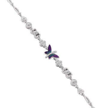 Top view of 925 silver butterfly and floral charm bracelet with polished oval links and stone accents