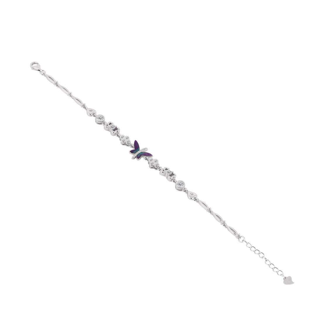 Top view of 925 silver butterfly and floral charm bracelet with polished oval links and stone accents
