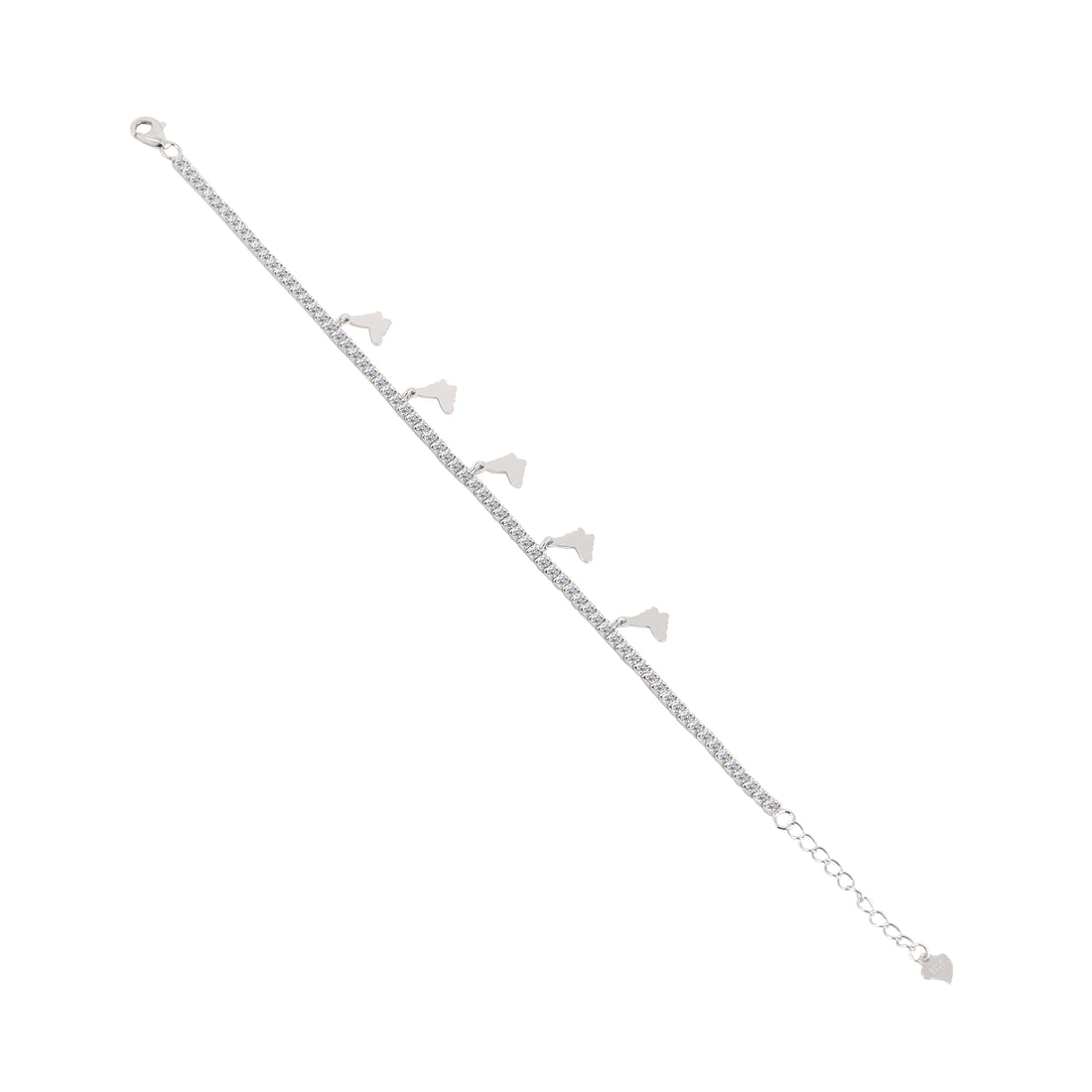 Top view of 925 silver pavé butterfly charm bracelet with continuous row of shimmering stones