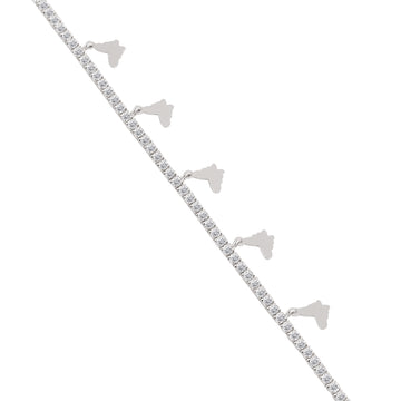 Top view of 925 silver pavé butterfly charm bracelet with continuous row of shimmering stones
