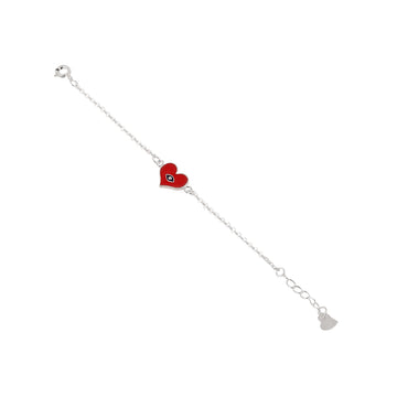 Red heart charm kids bracelet in 925 silver with delicate chain.