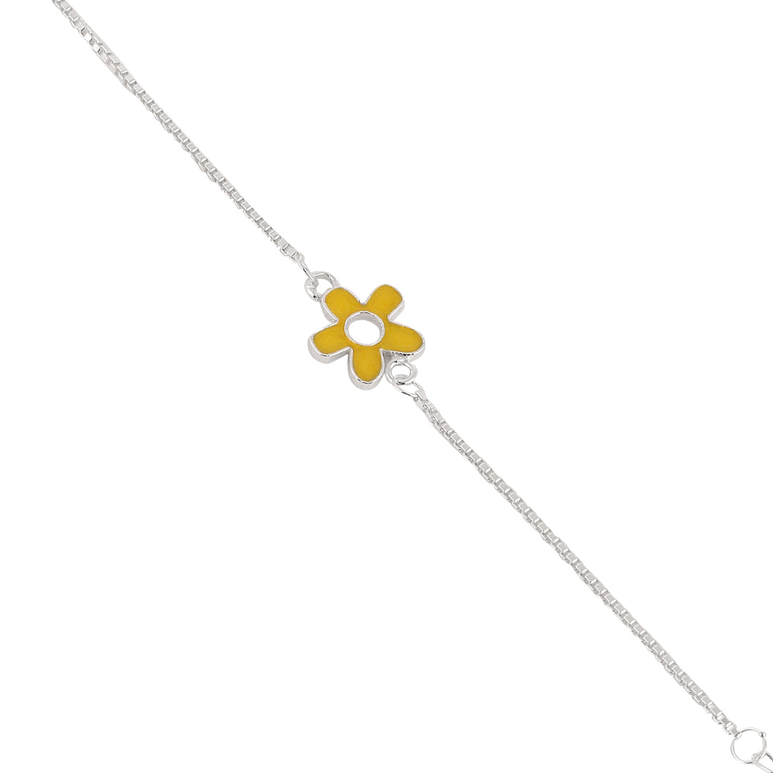 Yellow flower charm kids bracelet in 925 silver with adjustable chain.