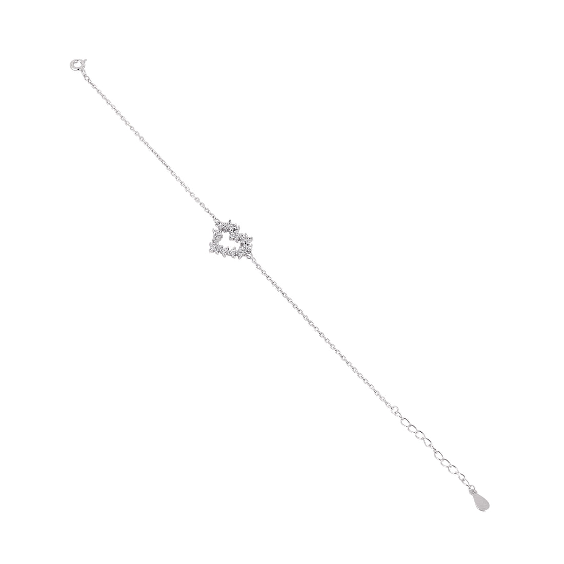 Close-up of floral heart cubic zirconia charm in 925 silver bracelet