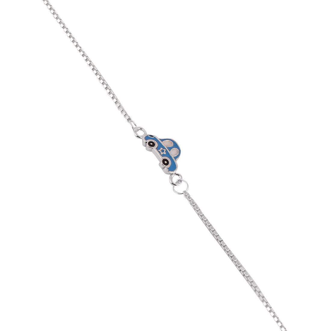 Blue car charm kids bracelet in 925 silver with adjustable chain.