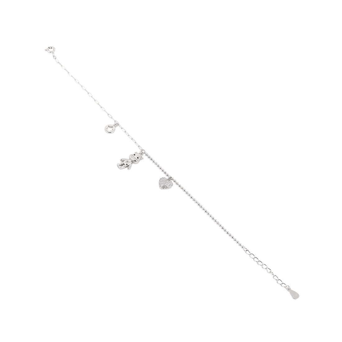 925 silver charm bracelet with teddy bear, heart and star dangling charms.