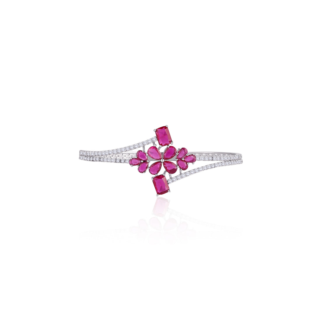 💎  925 Silver Ruby & Diamond-Simulant Floral Cuff Bracelet