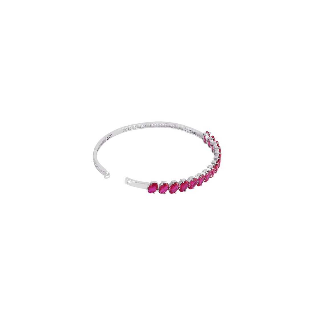 Oval ruby stone 925 silver bracelet with continuous bezel-set red stones.