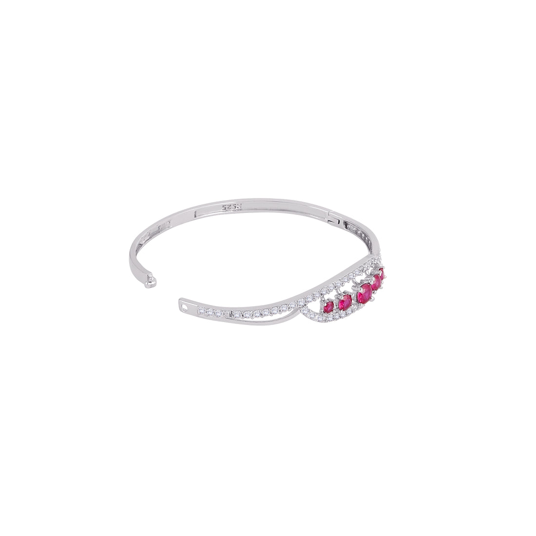 Front view of 925 silver ruby-red leaf bracelet highlighting marquise-style stone arrangement