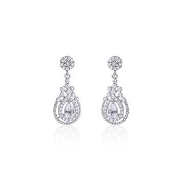 Front view of 925 silver vintage teardrop crystal drop earrings featuring pear-shaped center stone and intricate filigree design