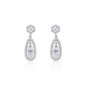 Front view of 925 silver pear drop filigree earrings with hexagonal stud and pear-shaped drop