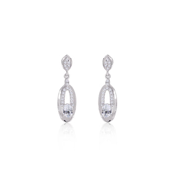 Side angle of 925 silver oval frame dangle earrings showing open-frame design and pavé detailing