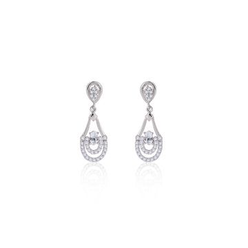 Front view of 925 silver pavé teardrop dangle earrings with oval-cut centre stone and double pavé frame