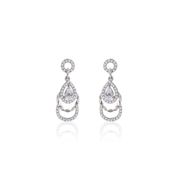 Front view of 925 silver triple-layer teardrop dangle earrings with round halo top and cascading crescent layers