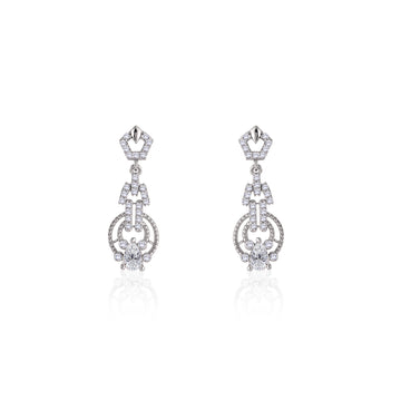 Front view of 925 silver regal crown dangle earrings featuring crown-shaped post and openwork teardrop design