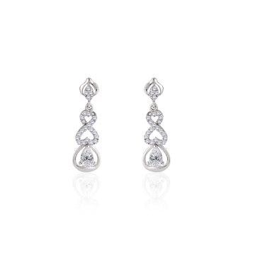 Front view of 925 silver pavé infinity knot drop earrings featuring double infinity design and pear-cut stone