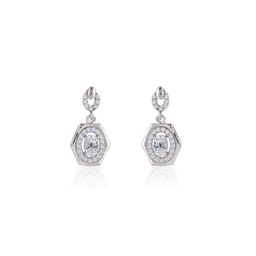 Front view of 925 silver geometric oval halo dangle earrings with oval-cut center stone and hexagon outline