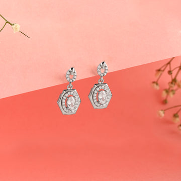 💎 925 Silver Geometric Oval Halo Dangle Earrings