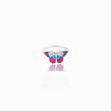 Sterling silver pink and blue enamel butterfly adjustable ring