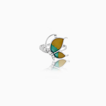 Sterling silver yellow and green enamel butterfly adjustable ring