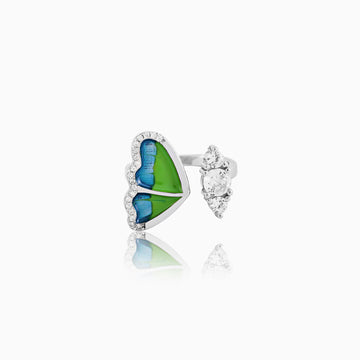 Sterling silver green and blue enamel heart adjustable ring