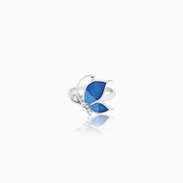 Sterling silver butterfly enamel ring with blue wing and CZ stones
