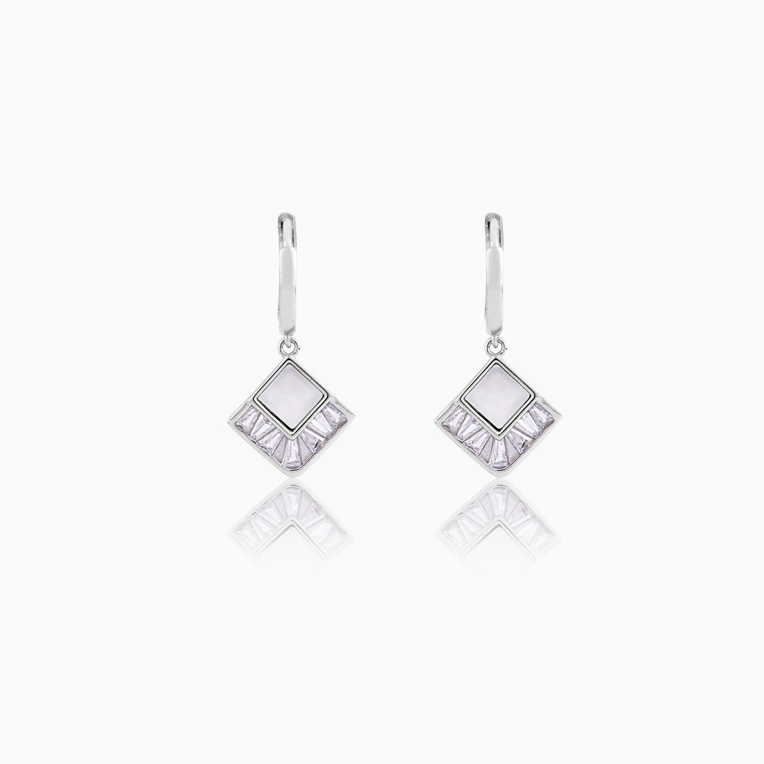 Sterling silver mother of pearl square drop hoops