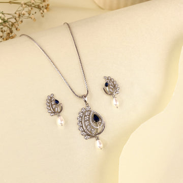 ✨ Elegant Sapphire & Pearl Drop 925 Silver Jewelry Set
