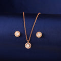 925 silver rose gold halo pendant necklace set with matching stud earrings on blue background