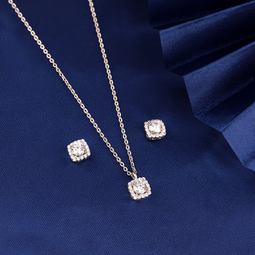 Radiant cushion halo pendant set in 925 silver with matching zircon stud earrings