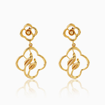 Front view of 925 silver golden bloom petal drop earrings featuring delicate floral top and flowing petal design