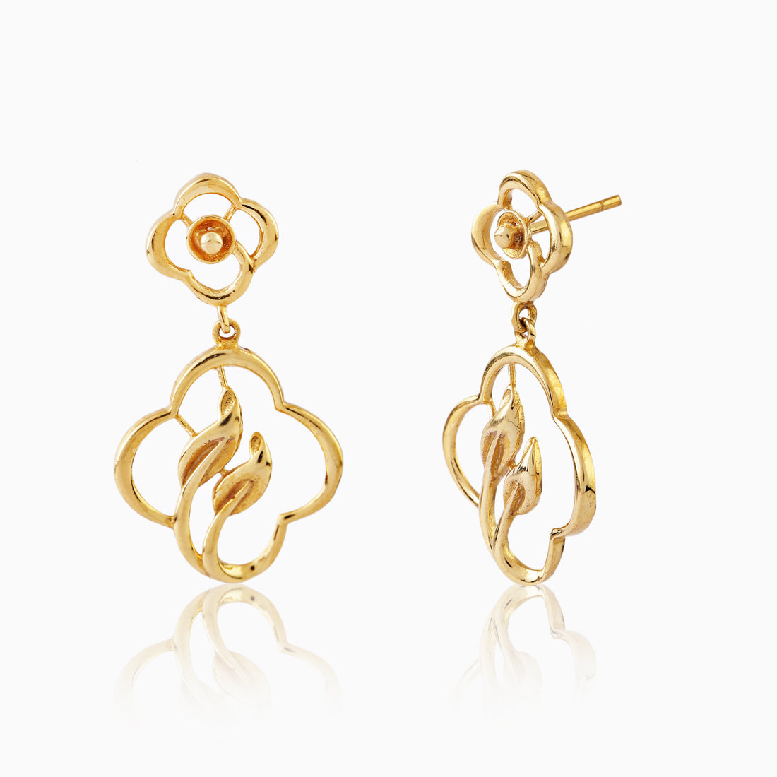 Front view of 925 silver golden bloom petal drop earrings featuring delicate floral top and flowing petal design