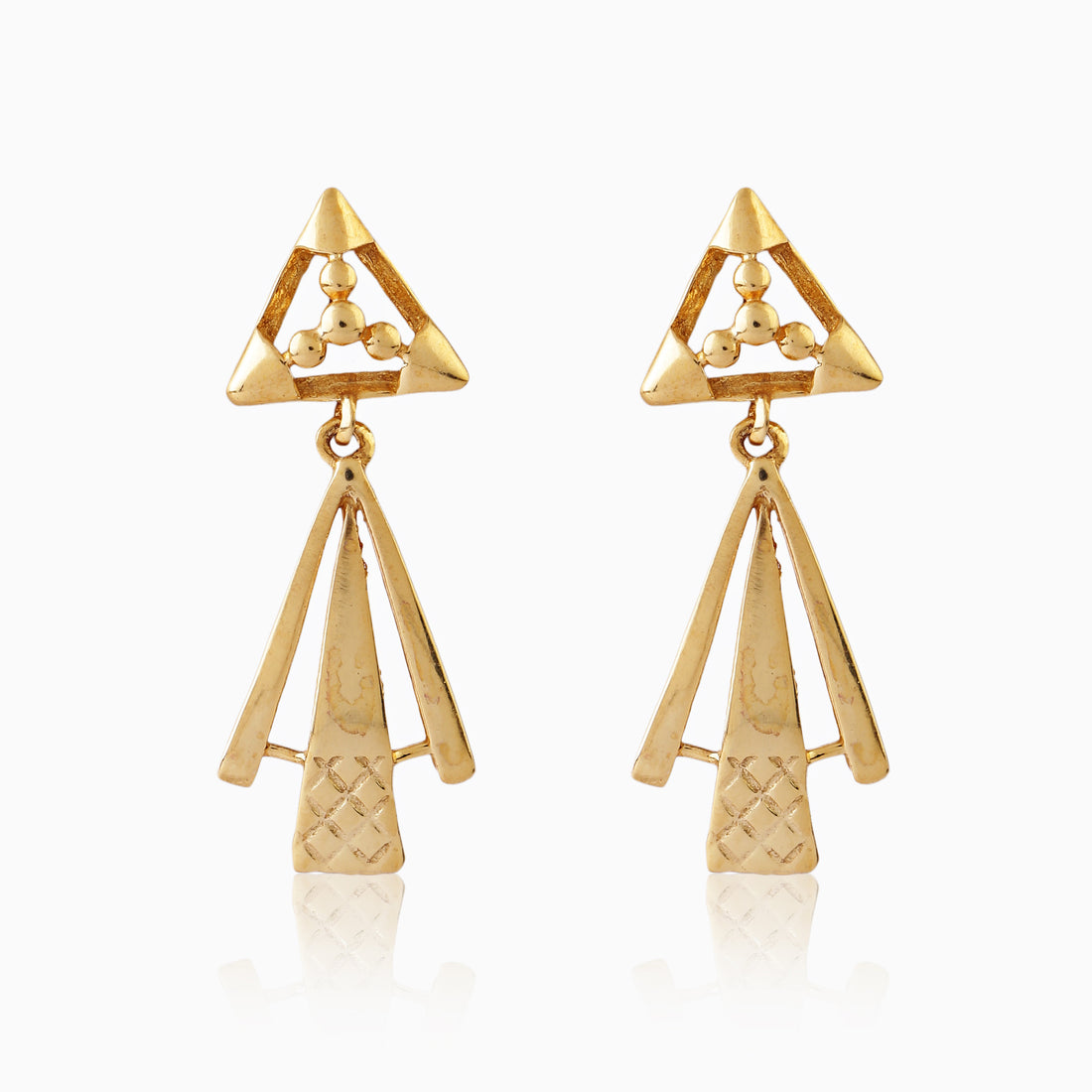 Angled side view of 925 silver gold-finish geometric drop earrings showing layered bar design