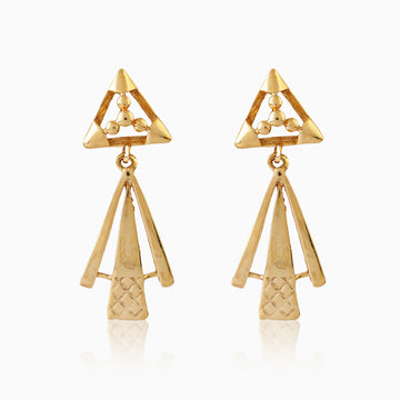 Angled side view of 925 silver gold-finish geometric drop earrings showing layered bar design