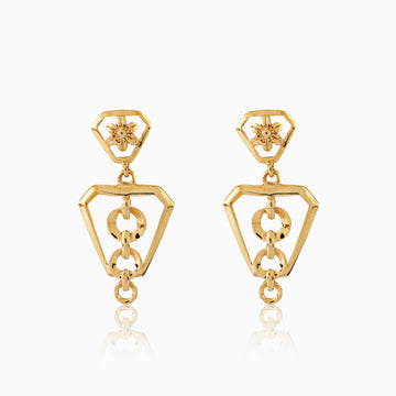 Front view of 925 silver golden prism-shaped geometric drop earrings with interlocking circular detailing