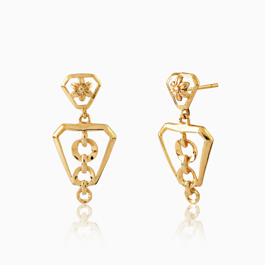 Front view of 925 silver golden prism-shaped geometric drop earrings with interlocking circular detailing