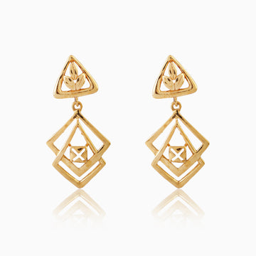 Front view of 925 silver golden triangle stud earrings paired with double-layered geometric square drops