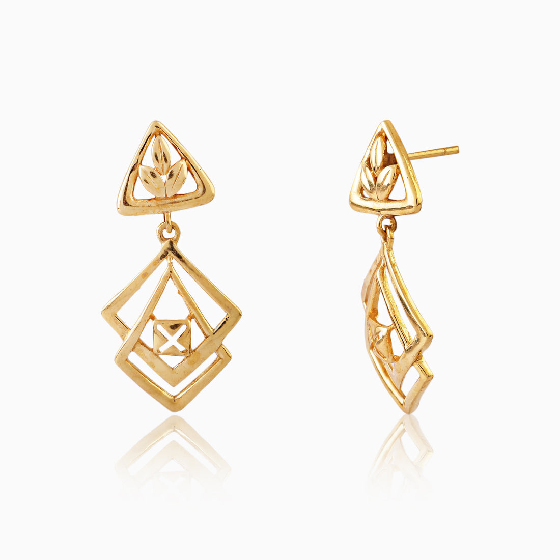 Front view of 925 silver golden triangle stud earrings paired with double-layered geometric square drops