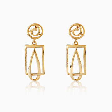 Front view of 925 silver golden rectangular drop earrings featuring sleek circular stud and minimal open-frame rectangle design