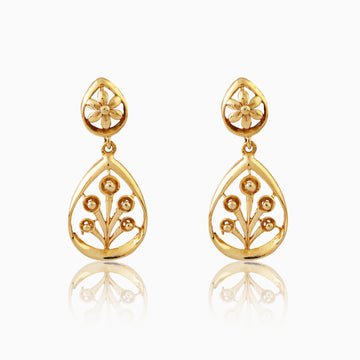 Front view of 925 silver golden blossom botanical teardrop earrings featuring delicate floral top and intricate branch detailing