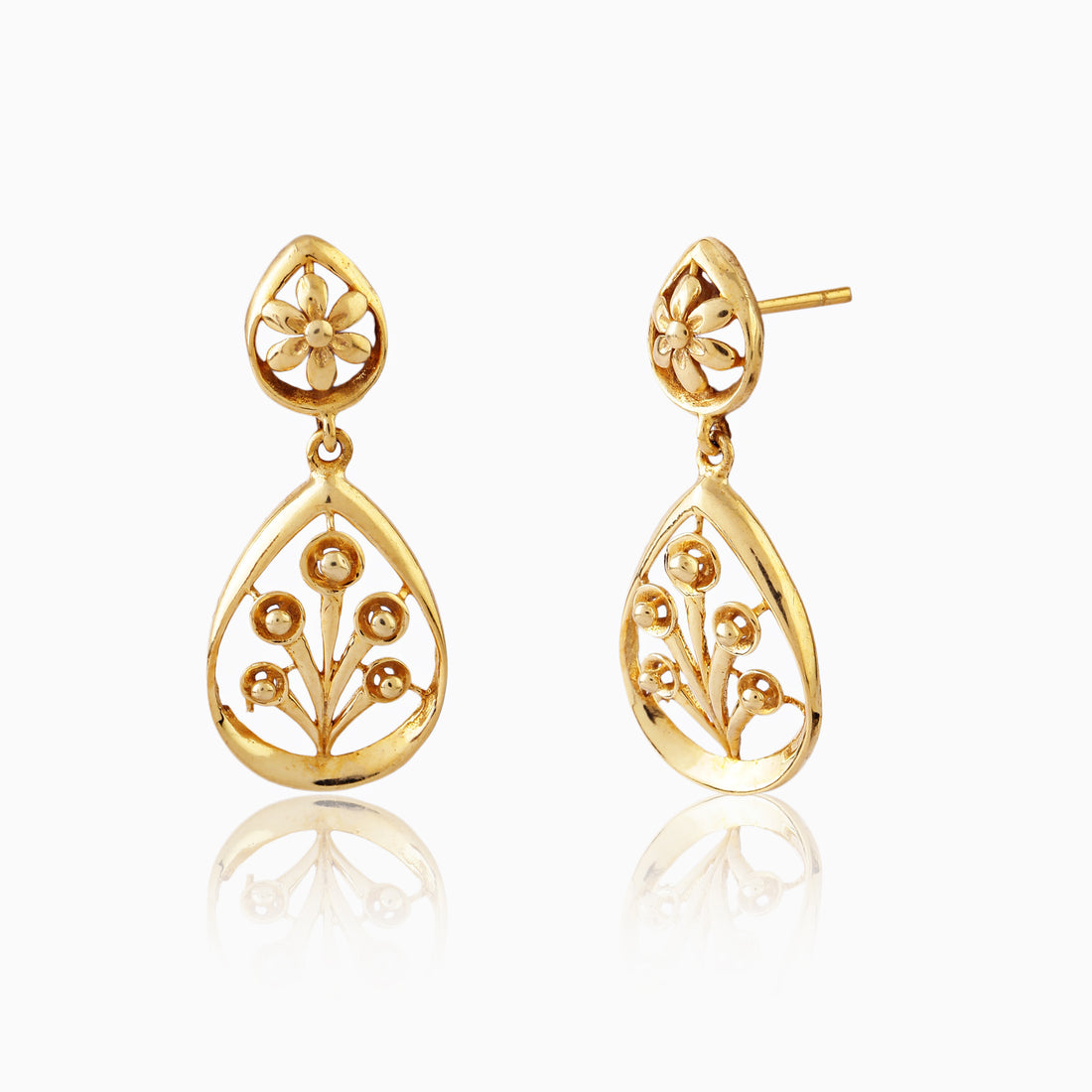 Front view of 925 silver golden blossom botanical teardrop earrings featuring delicate floral top and intricate branch detailing