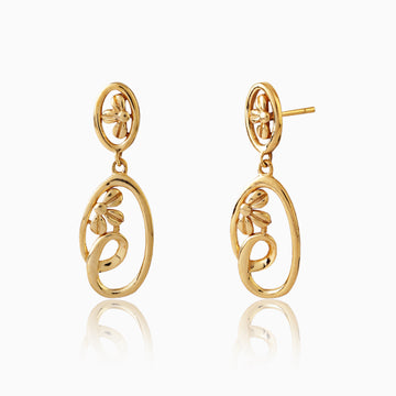 Angled view of 925 silver golden blossom oval drop earrings highlighting layered oval design
