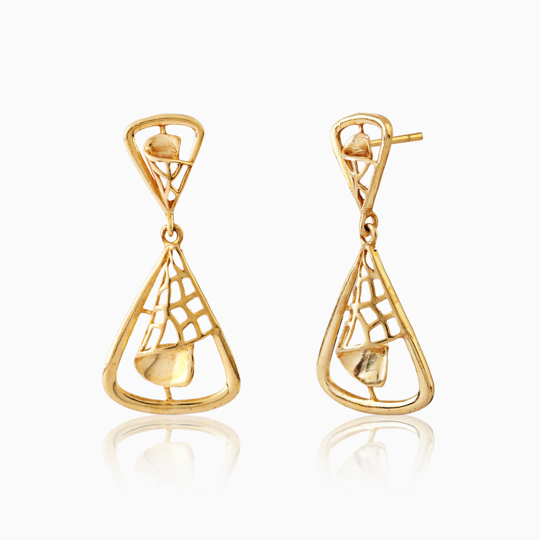 Angled side view of 925 silver gold-finish geometric drop earrings showing open-frame structure