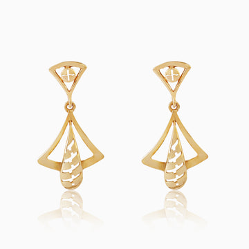 Front view of 925 silver golden triangle drop earrings showcasing geometric triangular frame and delicate dangling detail