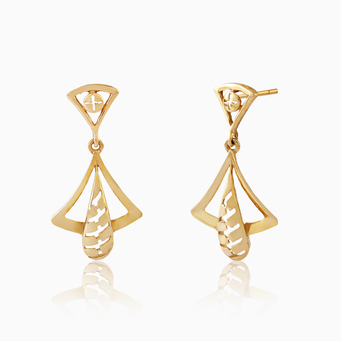 Front view of 925 silver golden triangle drop earrings showcasing geometric triangular frame and delicate dangling detail